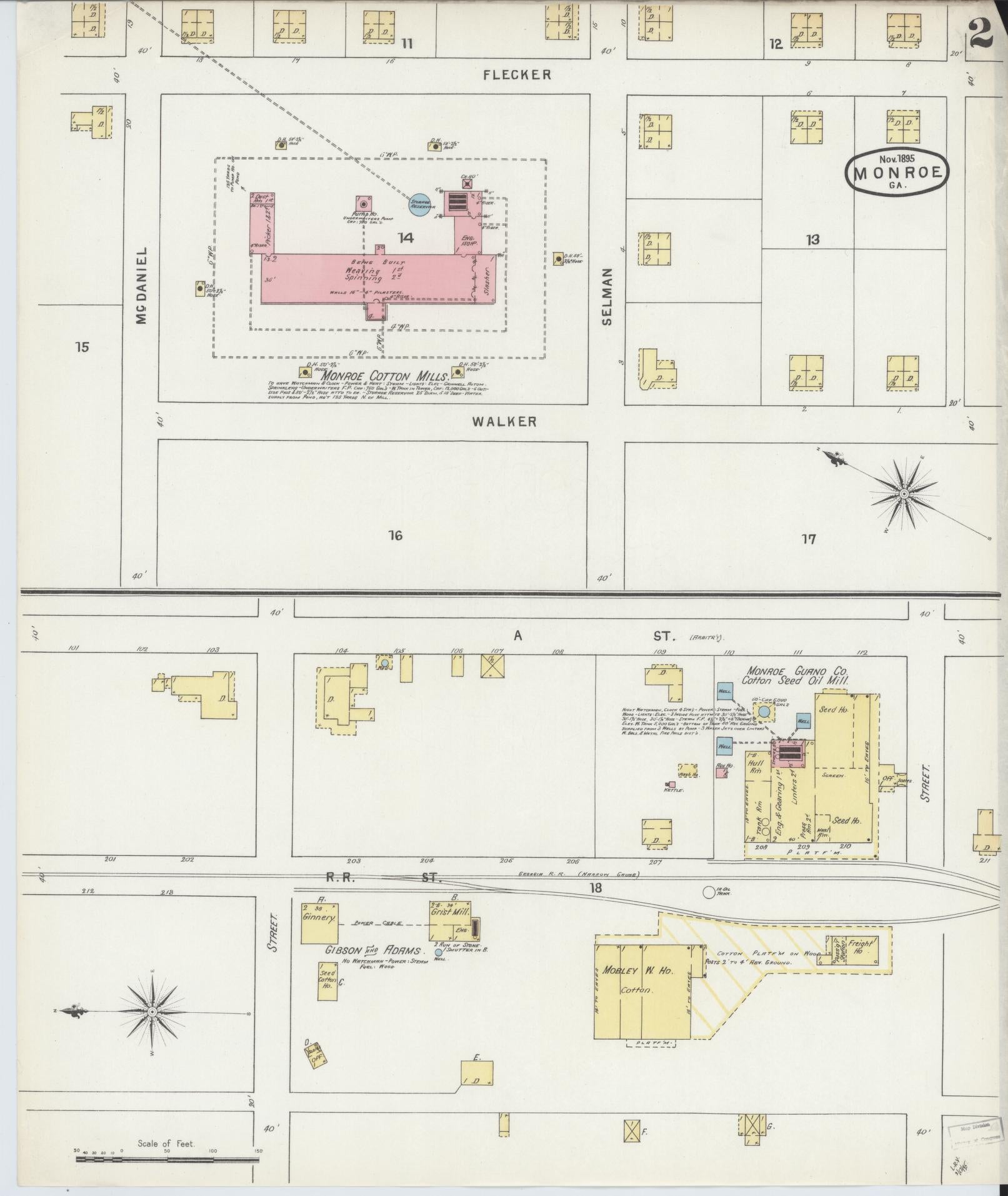 Sanborn Fire Insurance Map from Monroe, Walton County, Georgia (1895), Sheet #0002 - Historic Sanborn Fire Insurance Map Print, vintage old map wall art, antique decor, genealogy gift, Georgia Georgia map