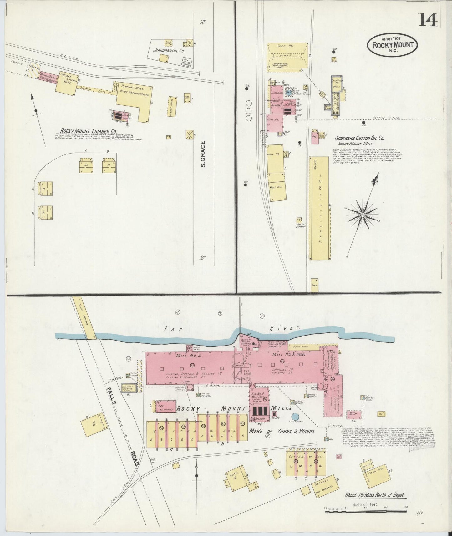 Sanborn Fire Insurance Map from Rocky Mount, Edgecombe And Nash Counties, North Carolina (1907), Sheet #0014 - Complete Map Set gallery image, historic Sanborn map, vintage wall art, North Carolina North Carolina