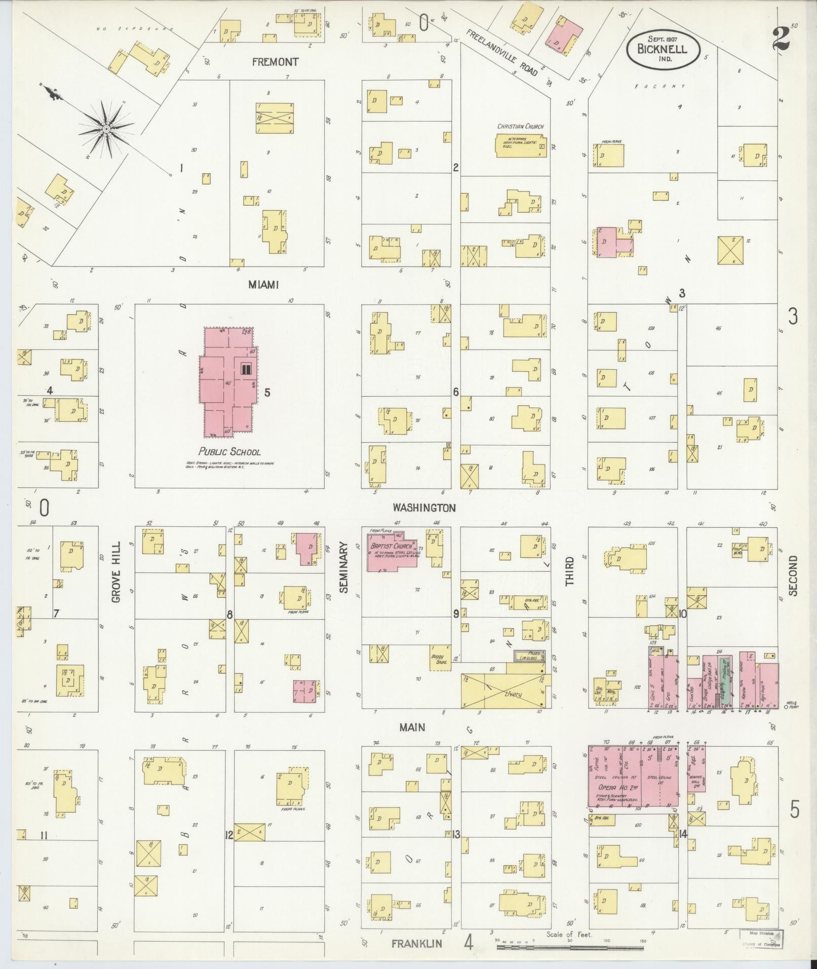 Sanborn Fire Insurance Map from Bicknell, Knox County, Indiana (1907), Sheet #0002 - Complete Map Set gallery image, historic Sanborn map, vintage wall art, Indiana Indiana