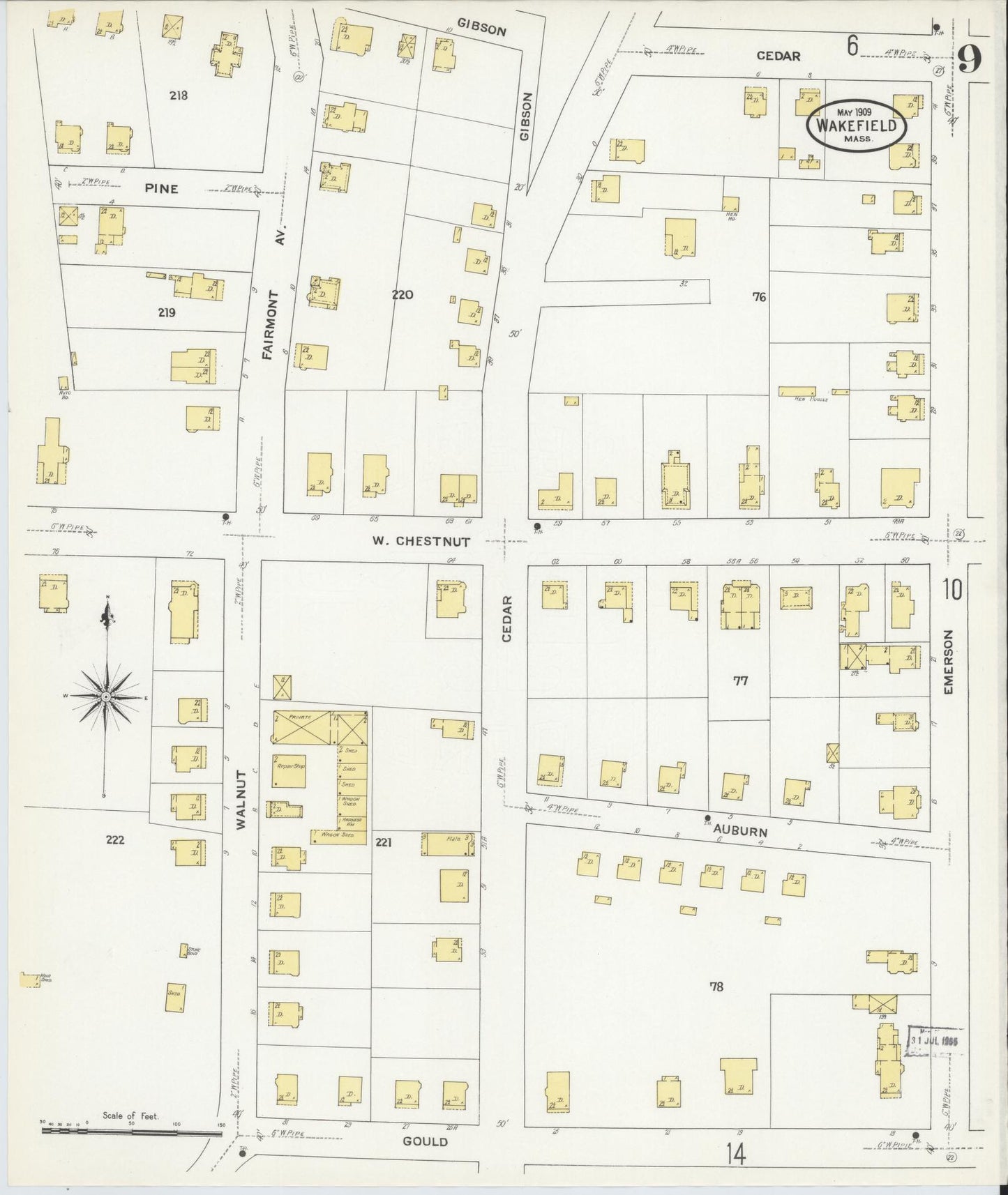 Sanborn Fire Insurance Map from Wakefield, Middlesex County, Massachusetts (1909), Sheet #0009 - Historic Sanborn Fire Insurance Map Print, vintage old map wall art, antique decor, genealogy gift, Massachusetts Massachusetts map