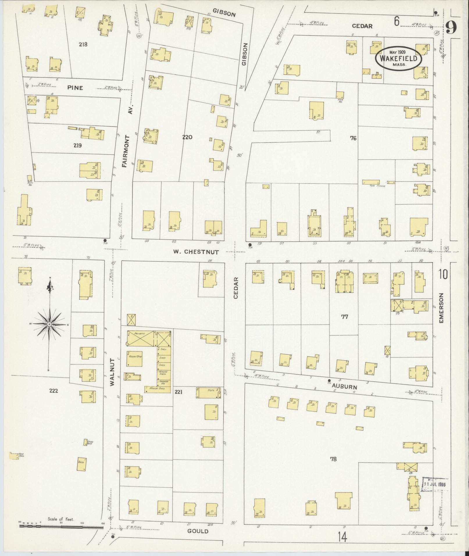 Sanborn Fire Insurance Map from Wakefield, Middlesex County, Massachusetts (1909), Sheet #0009 - Historic Sanborn Fire Insurance Map Print, vintage old map wall art, antique decor, genealogy gift, Massachusetts Massachusetts map