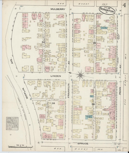 Sanborn Fire Insurance Map from Scranton, Lackawanna County, Pennsylvania (1884), Sheet #0004 - Historic Sanborn Fire Insurance Map Print, vintage old map wall art, antique decor, genealogy gift, Pennsylvania Pennsylvania map