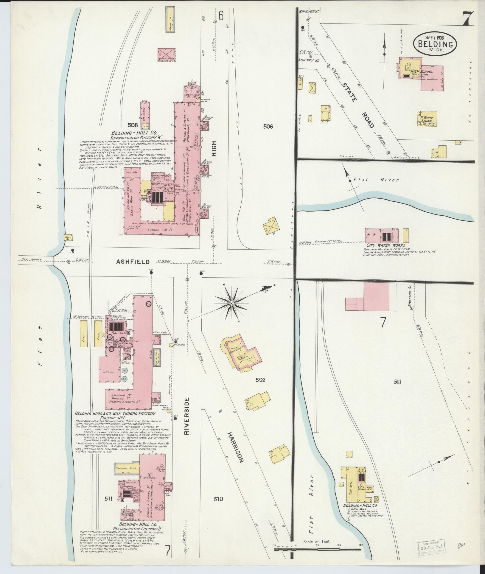 Sanborn Fire Insurance Map from Belding, Ionia County, Michigan (1908), Sheet #0007 - Historic Sanborn Fire Insurance Map Print, vintage old map wall art, antique decor, genealogy gift, Michigan Michigan map
