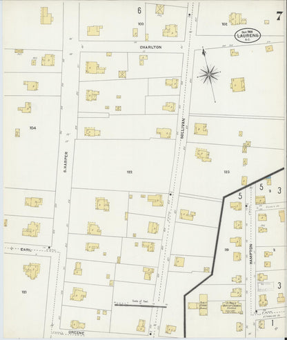 Sanborn Fire Insurance Map from Laurens, Laurens County, South Carolina (1906), Sheet #0007 - Complete Map Set gallery image, historic Sanborn map, vintage wall art, South Carolina South Carolina