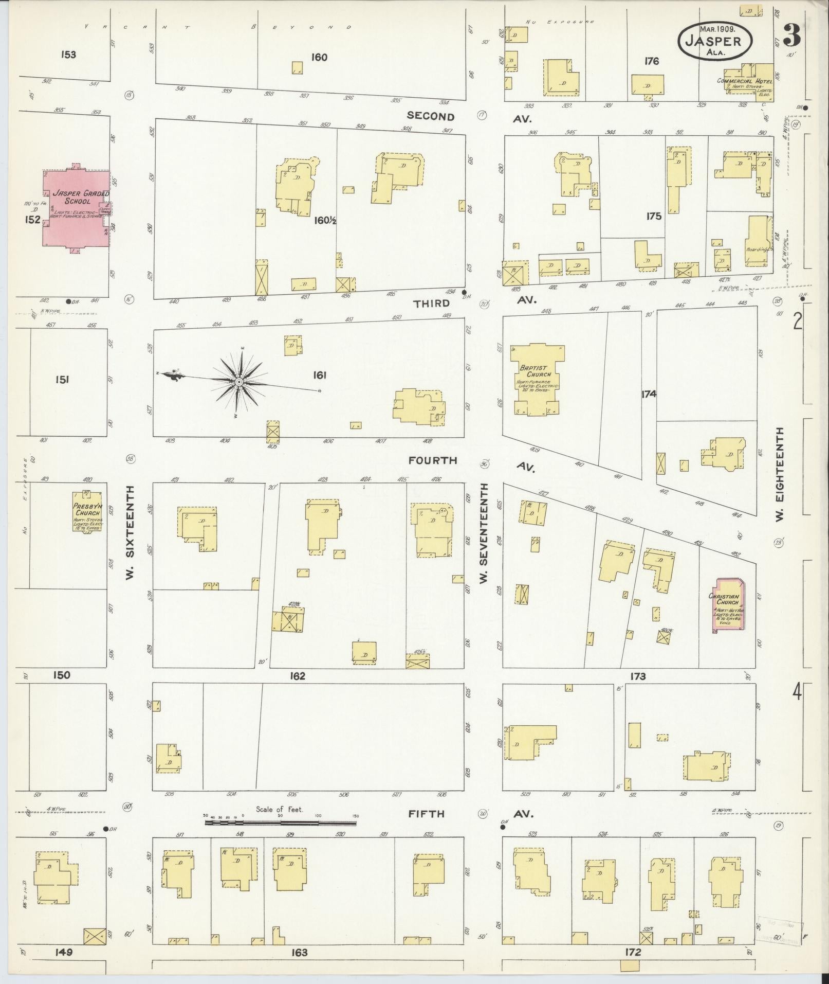 Sanborn Fire Insurance Map from Jasper, Walker County, Alabama (1909), Sheet #0003 - Historic Sanborn Fire Insurance Map Print, vintage old map wall art, antique decor, genealogy gift, Alabama Alabama map