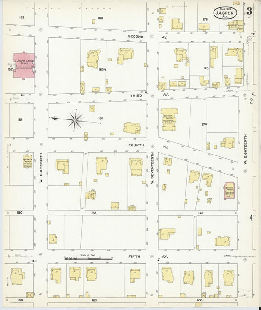 Sanborn Fire Insurance Map from Jasper, Walker County, Alabama (1909), Sheet #0003 - Historic Sanborn Fire Insurance Map Print, vintage old map wall art, antique decor, genealogy gift, Alabama Alabama map