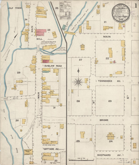 Sanborn Fire Insurance Map from Cottage Grove, Lane County, Oregon (1893), Sheet #0001 - Complete Map Set gallery image, historic Sanborn map, vintage wall art, Oregon Oregon