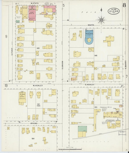Sanborn Fire Insurance Map from Olean, Cattaraugus County, New York (1898), Sheet #0008 - Historic Sanborn Fire Insurance Map Print, vintage old map wall art, antique decor, genealogy gift, New York New York map