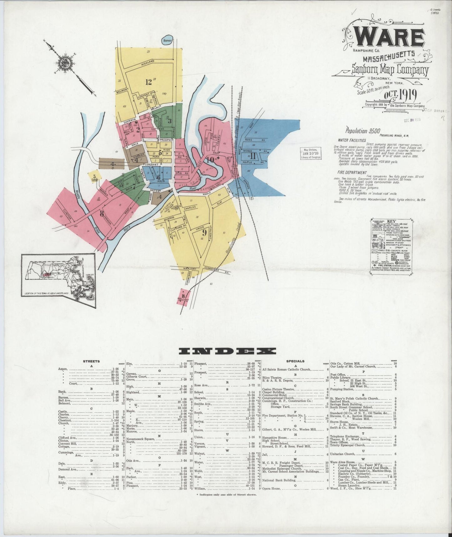 Sanborn Fire Insurance Map from Ware, Hampshire County, Massachusetts (1919), Sheet #0001 - Historic Sanborn Fire Insurance Map Print, vintage old map wall art, antique decor, genealogy gift, Massachusetts Massachusetts map