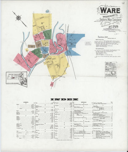 Sanborn Fire Insurance Map from Ware, Hampshire County, Massachusetts (1919), Sheet #0001 - Historic Sanborn Fire Insurance Map Print, vintage old map wall art, antique decor, genealogy gift, Massachusetts Massachusetts map