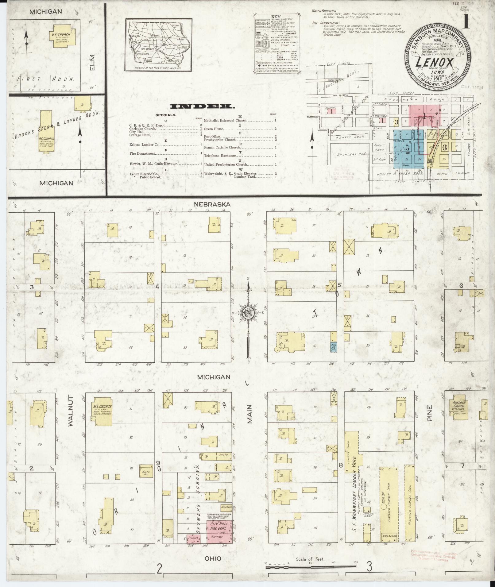 Sanborn Fire Insurance Map from Lenox, Taylor County, Iowa (1912), Sheet #0001 - Historic Sanborn Fire Insurance Map Print, vintage old map wall art