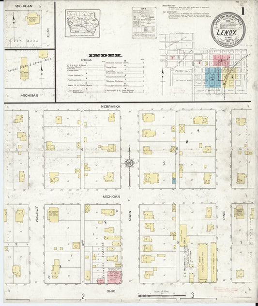 Sanborn Fire Insurance Map from Lenox, Taylor County, Iowa (1912), Sheet #0001 - Historic Sanborn Fire Insurance Map Print, vintage old map wall art