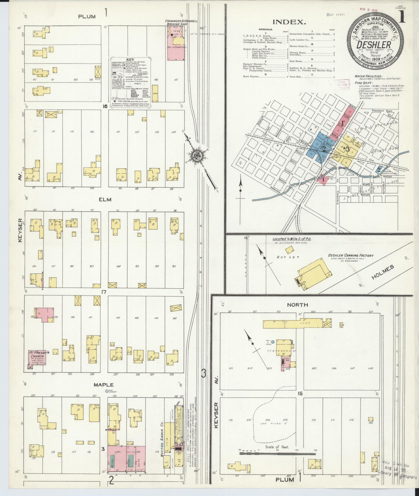 Sanborn Fire Insurance Map from Deshler, Henry County, Ohio (1909), Sheet #0001 - Historic Sanborn Fire Insurance Map Print, vintage old map wall art, antique decor, genealogy gift, Ohio Ohio map
