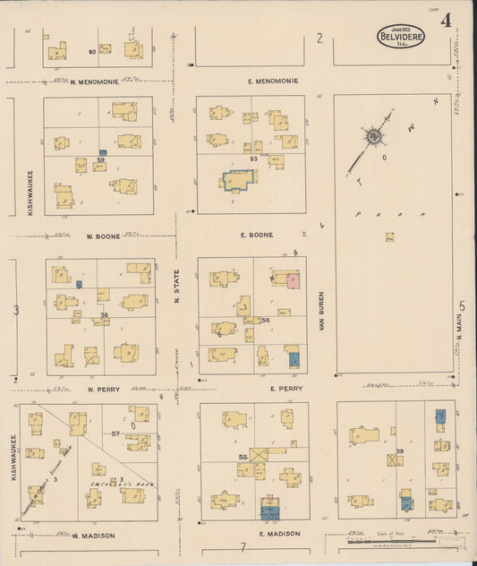 Sanborn Fire Insurance Map from Belvidere, Boone County, Illinois (1922), Sheet #0004 - Historic Sanborn Fire Insurance Map Print, vintage old map wall art, antique decor, genealogy gift, Illinois Illinois map