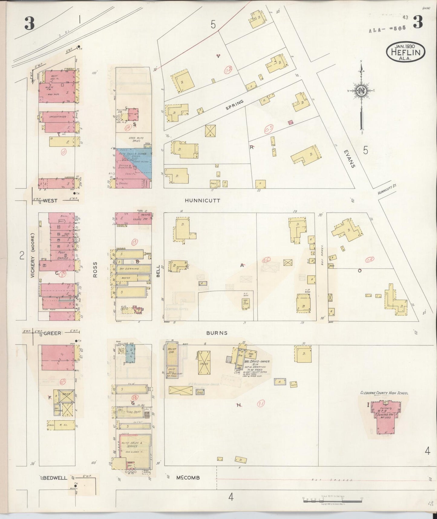Sanborn Fire Insurance Map from Heflin, Cleburne County, Alabama (1940), Sheet #0003 - Historic Sanborn Fire Insurance Map Print, vintage old map wall art, antique decor, genealogy gift, Alabama Alabama map