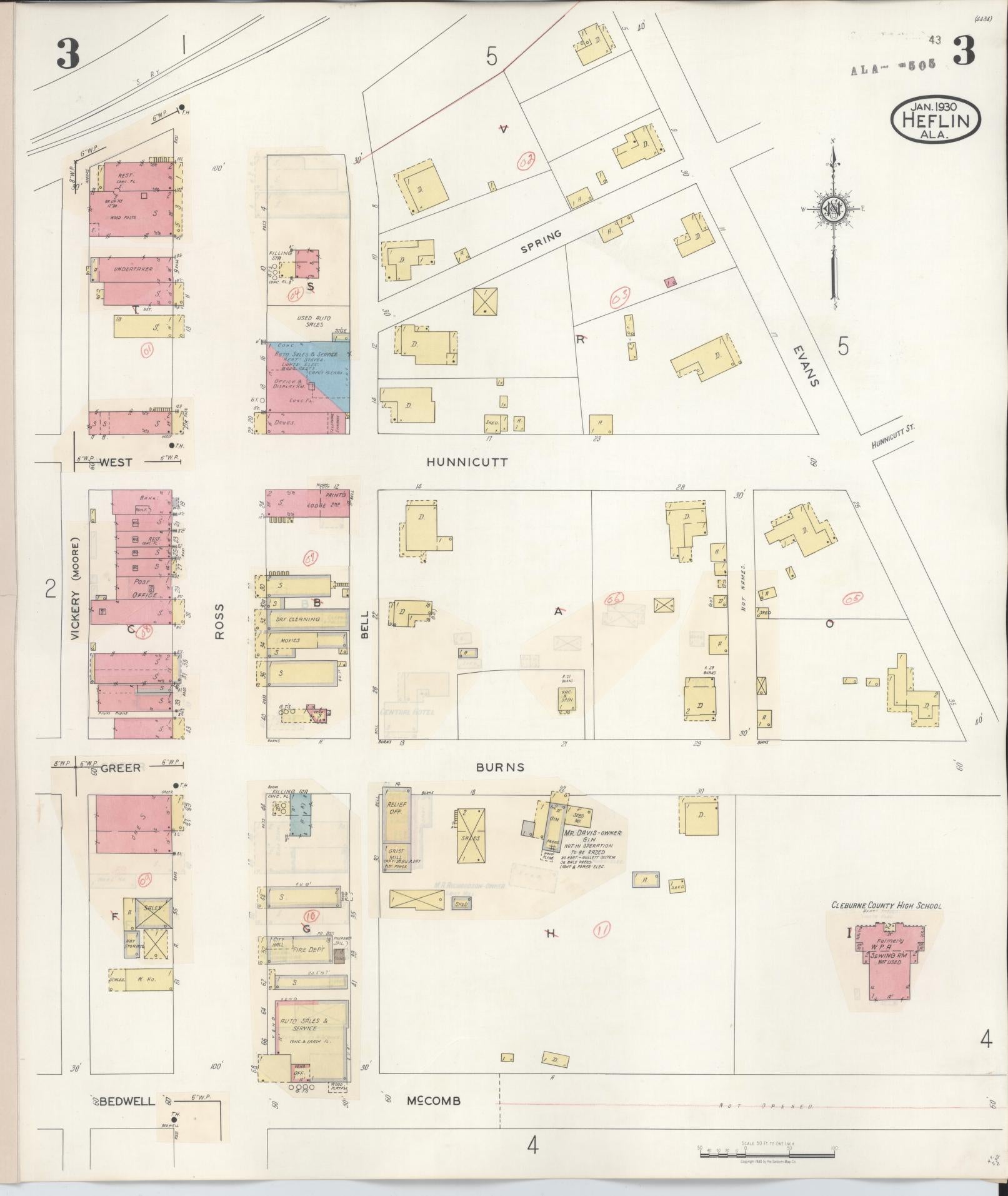 Sanborn Fire Insurance Map from Heflin, Cleburne County, Alabama (1940), Sheet #0003 - Historic Sanborn Fire Insurance Map Print, vintage old map wall art, antique decor, genealogy gift, Alabama Alabama map