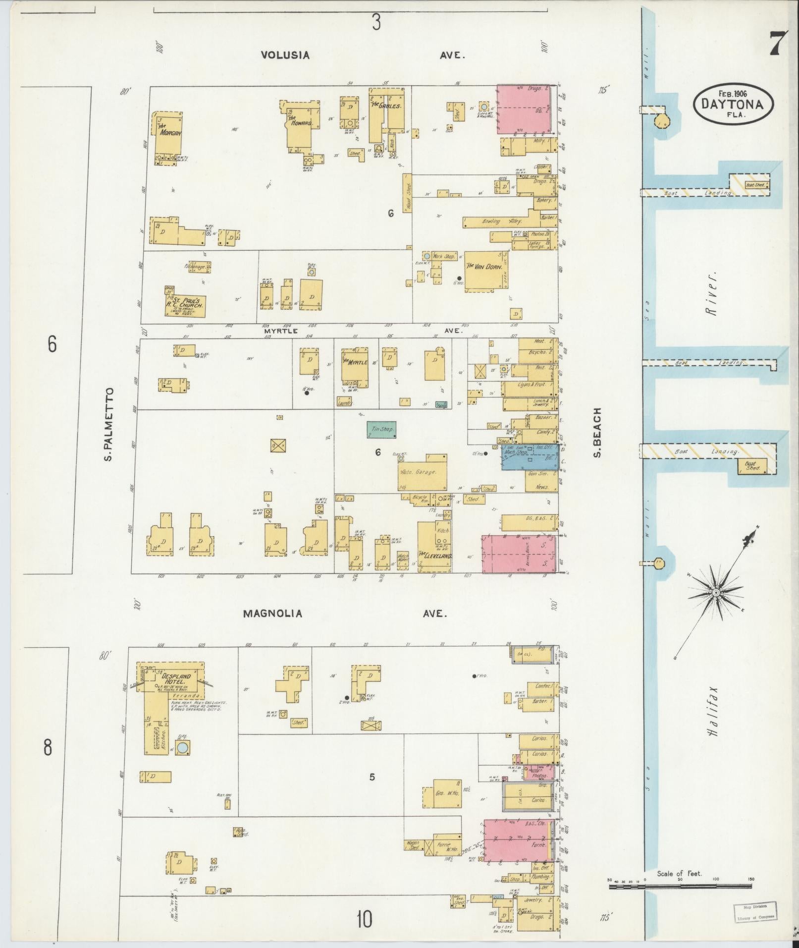 Sanborn Fire Insurance Map from Daytona, Volusia County, Florida (1906), Sheet #0007 - Complete Map Set gallery image, historic Sanborn map, vintage wall art, Florida Florida