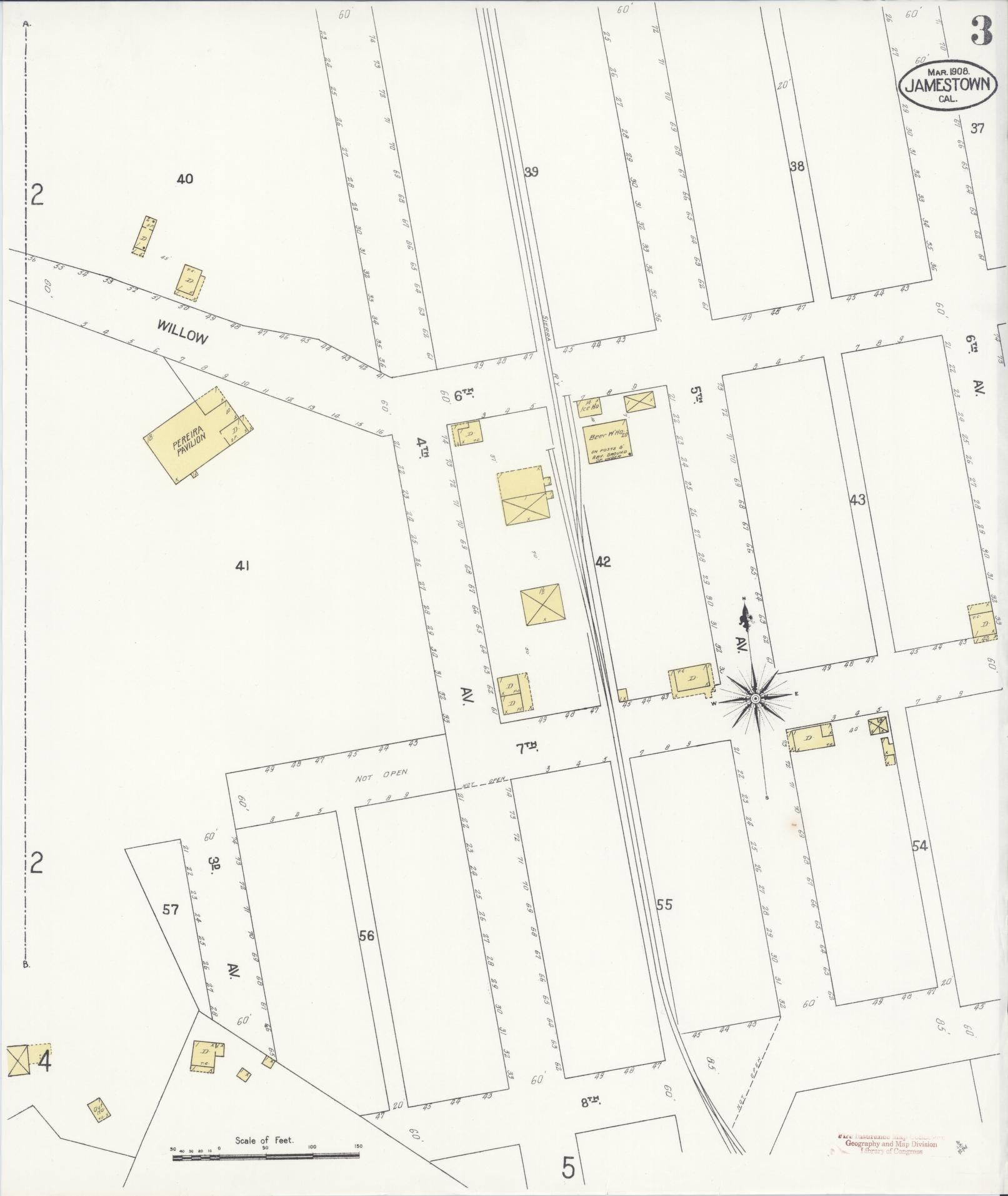 Sanborn Fire Insurance Map from Jamestown, Tuolumne County, California (1908), Sheet #0003 - Complete Map Set gallery image, historic Sanborn map, vintage wall art, California California
