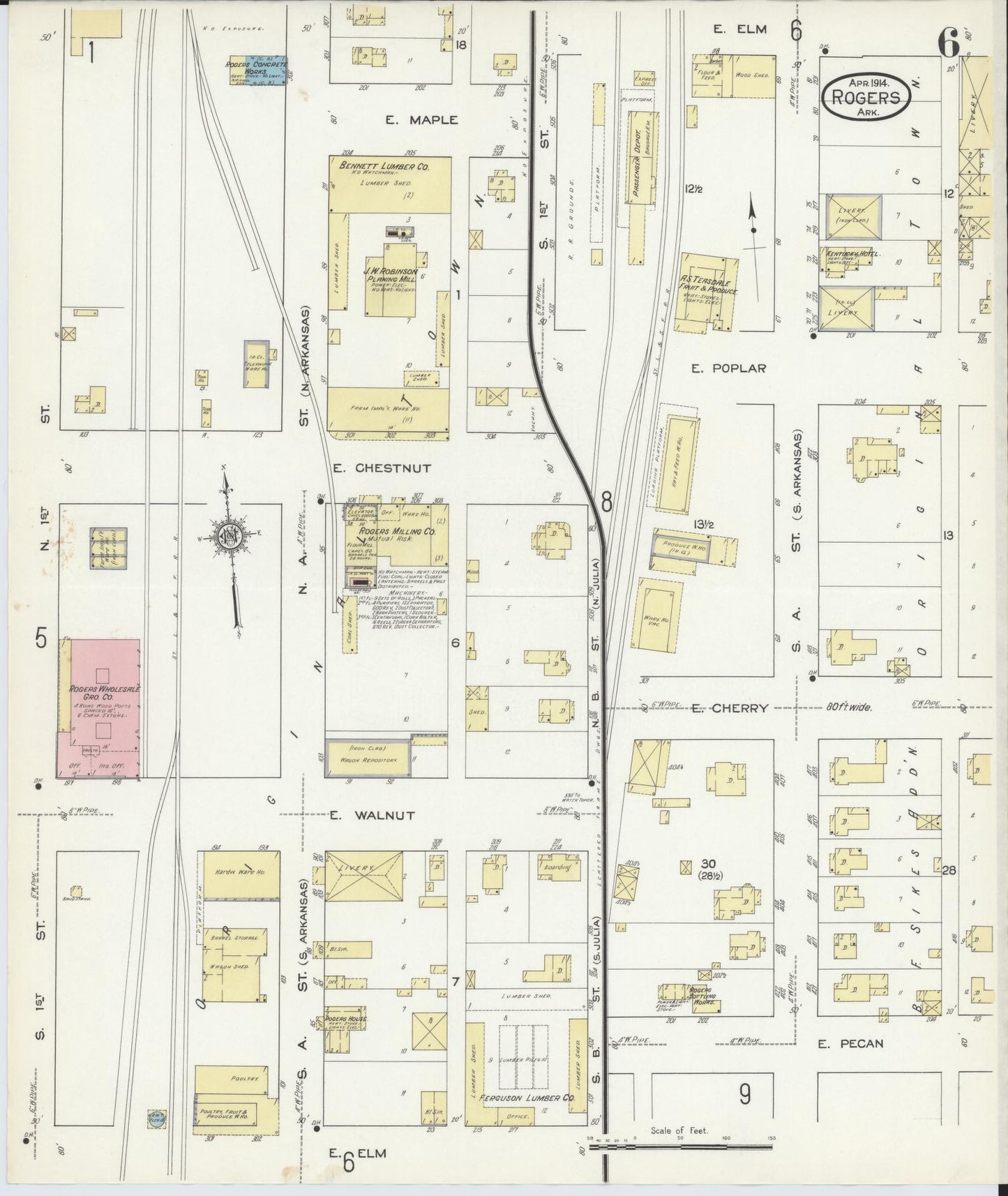 Sanborn Fire Insurance Map from Rogers, Benton County, Arkansas (1914), Sheet #0006 - Historic Sanborn Fire Insurance Map Print, vintage old map wall art, antique decor, genealogy gift, Arkansas Arkansas map