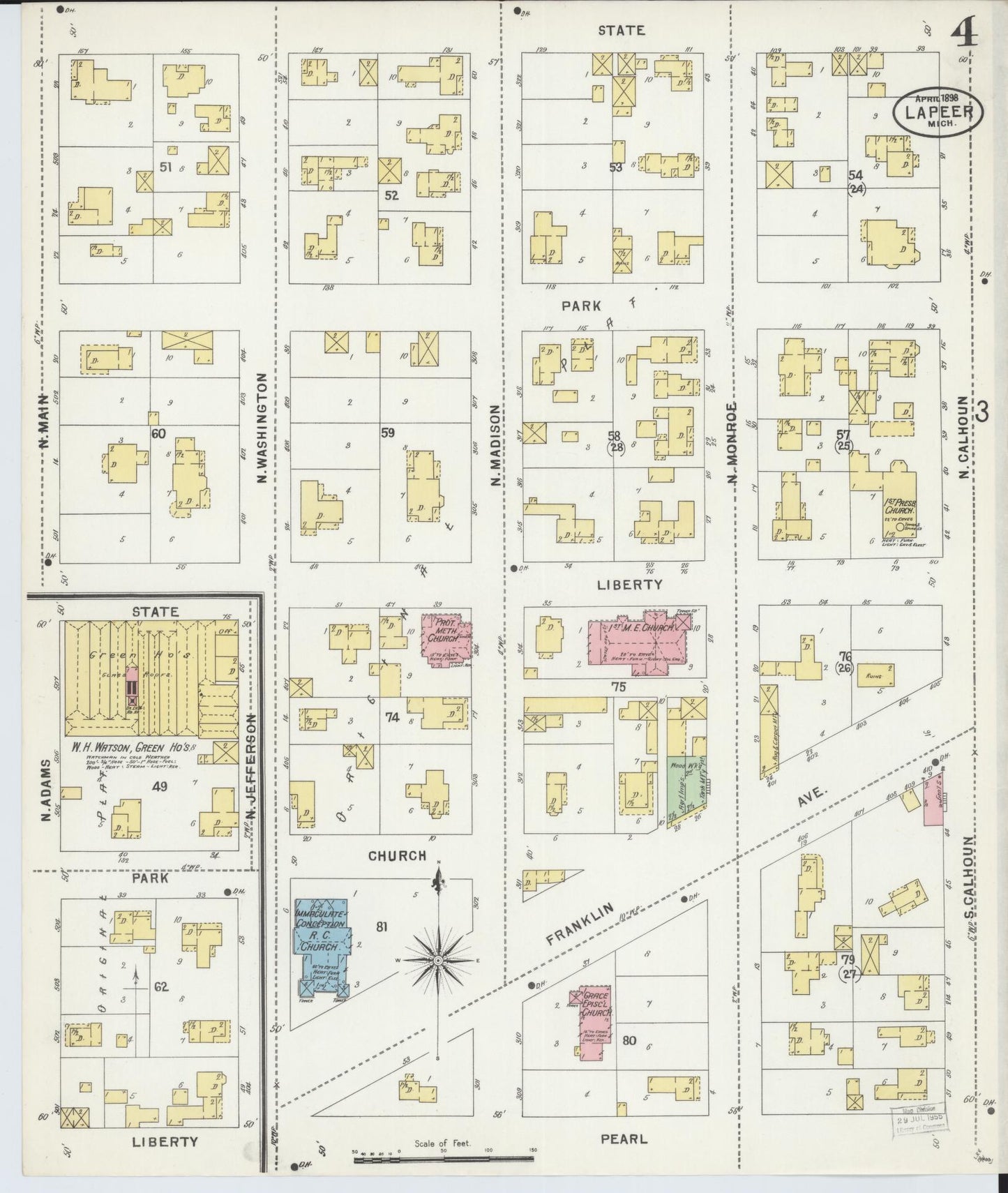 Sanborn Fire Insurance Map from Lapeer, Lapeer County, Michigan (1898), Sheet #0004 - Historic Sanborn Fire Insurance Map Print, vintage old map wall art, antique decor, genealogy gift, Michigan Michigan map