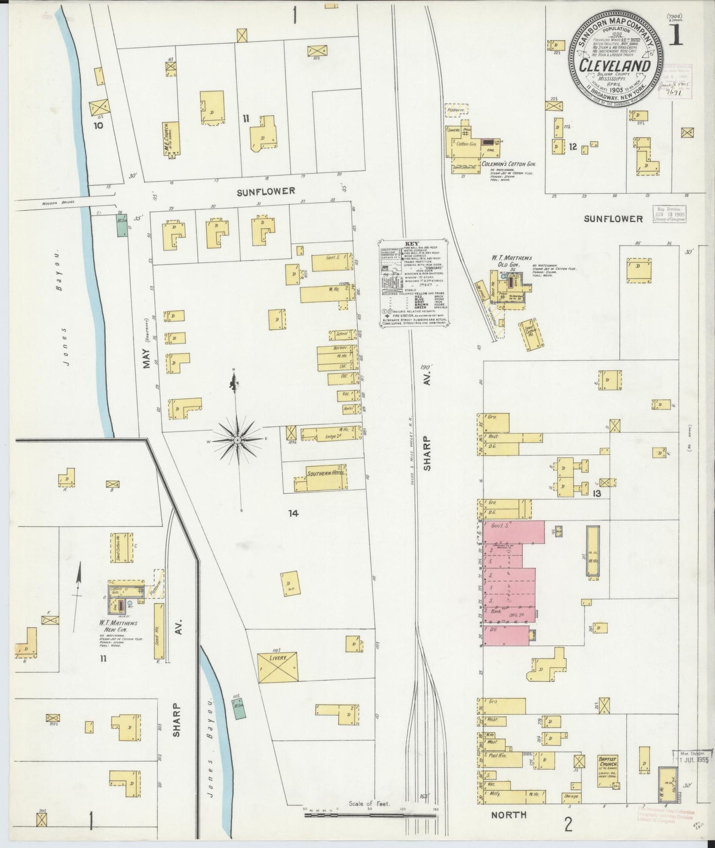 Sanborn Fire Insurance Map from Cleveland, Bolivar County, Mississippi (1905), Sheet #0001 - Complete Map Set gallery image, historic Sanborn map, vintage wall art, Mississippi Mississippi