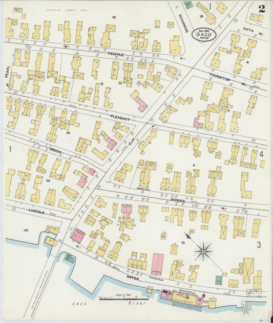 Sanborn Fire Insurance Map from Saco, York County, Maine (1906), Sheet #0002 - Historic Sanborn Fire Insurance Map Print, vintage old map wall art, antique decor, genealogy gift, Maine Maine map