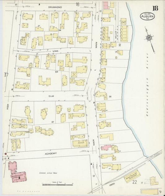 Sanborn Fire Insurance Map from Auburn, Androscoggin County, Maine (1914), Sheet #0018 - Historic Sanborn Fire Insurance Map Print, vintage old map wall art, antique decor, genealogy gift, Maine Maine map