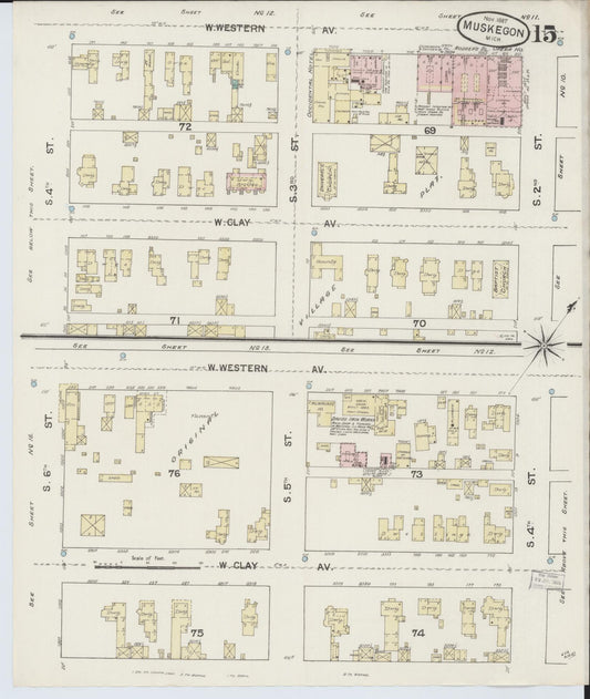 Sanborn Fire Insurance Map from Muskegon, Muskegon County, Michigan (1887), Sheet #0015 - Historic Sanborn Fire Insurance Map Print, vintage old map wall art, antique decor, genealogy gift, Michigan Michigan map