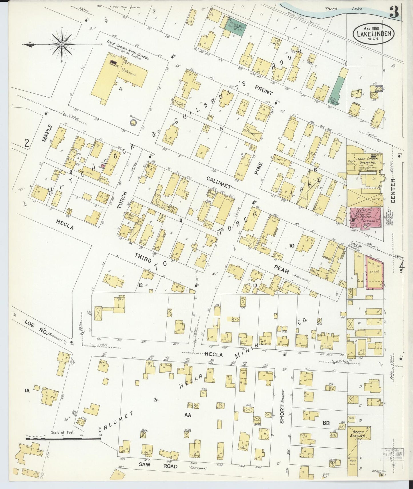 Sanborn Fire Insurance Map from Lake Linden, Houghton County, Michigan (1908), Sheet #0003 - Historic Sanborn Fire Insurance Map Print, vintage old map wall art, antique decor, genealogy gift, Michigan Michigan map