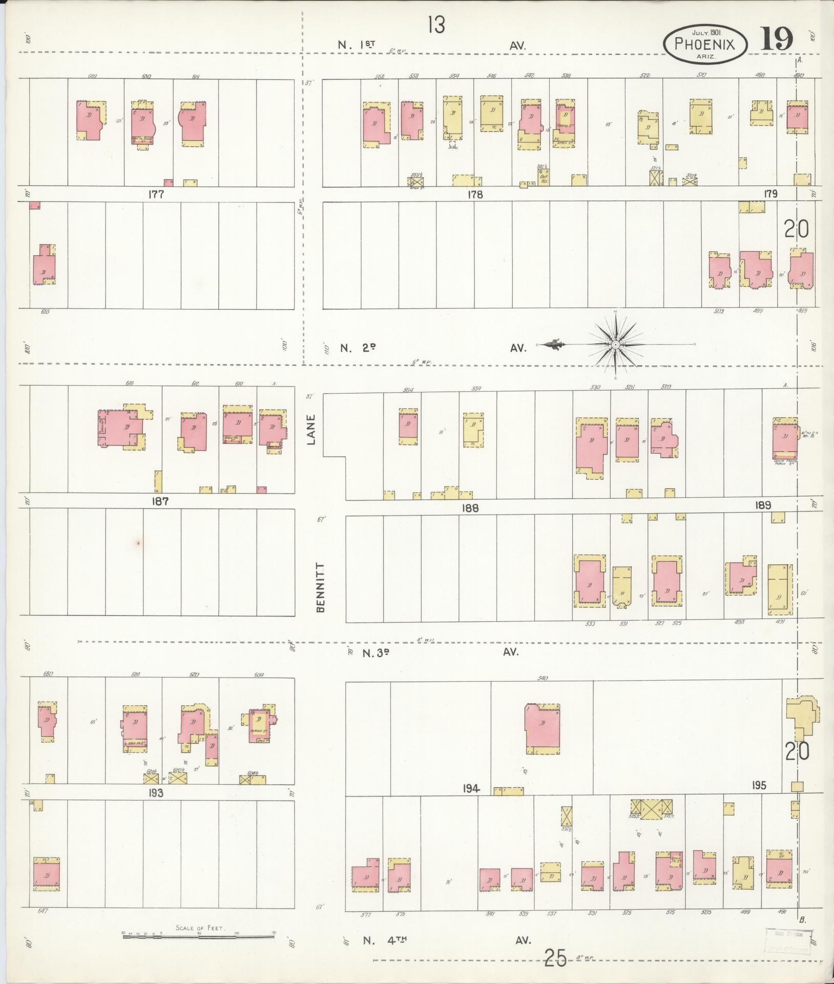 Sanborn Fire Insurance Map from Phoenix, Maricopa County, Arizona (1901), Sheet #0019 - Complete Map Set gallery image, historic Sanborn map, vintage wall art, Arizona Arizona