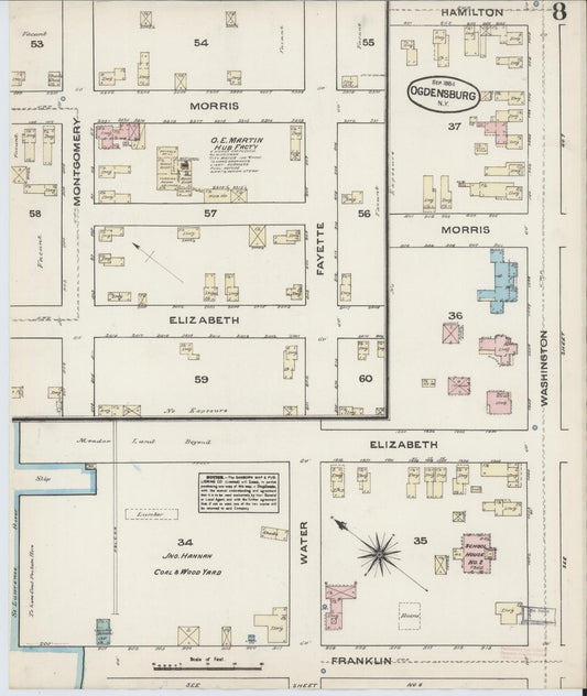 Sanborn Fire Insurance Map from Ogdensburg, St. Lawrence County, New York (1884), Sheet #0008 - Historic Sanborn Fire Insurance Map Print, vintage old map wall art, antique decor, genealogy gift, New York New York map