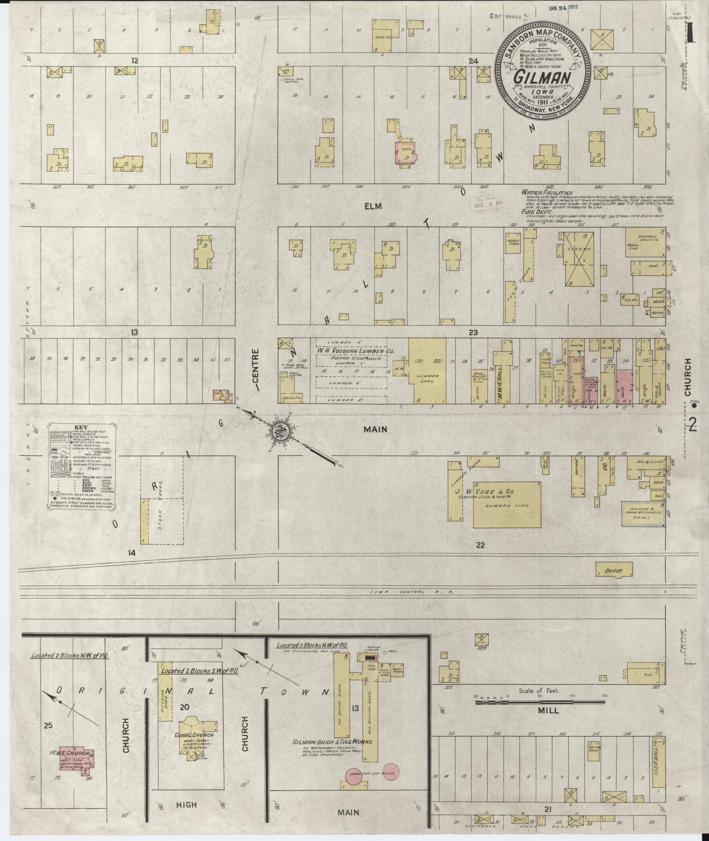 Sanborn Fire Insurance Map from Gilman, Marshall County, Iowa (1911), Sheet #0001 - Historic Sanborn Fire Insurance Map Print, vintage old map wall art