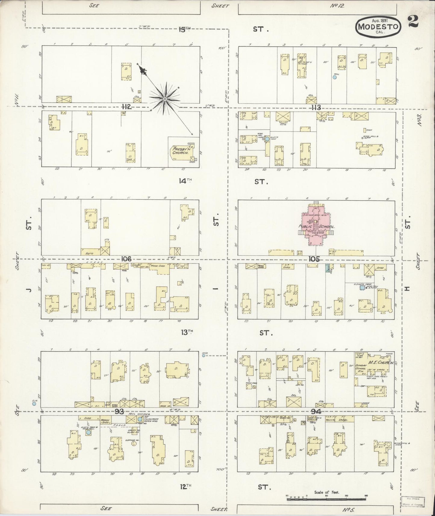Sanborn Fire Insurance Map from Modesto, Stanislaus County, California (1891), Sheet #0002 - Complete Map Set gallery image, historic Sanborn map, vintage wall art, California California