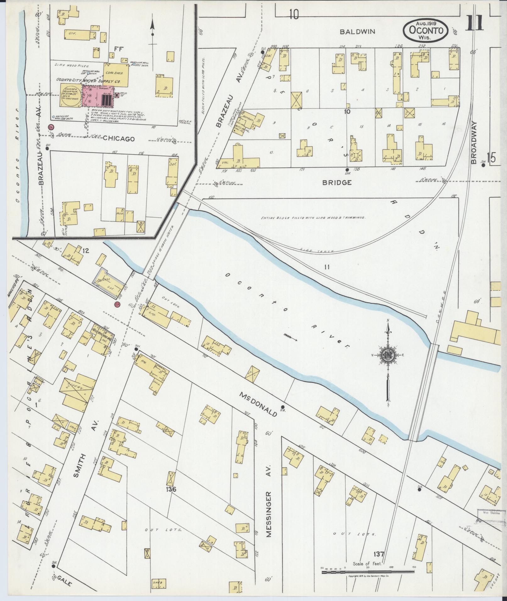 Sanborn Fire Insurance Map from Oconto, Oconto County, Wisconsin (1919), Sheet #0011 - Historic Sanborn Fire Insurance Map Print, vintage old map wall art, antique decor, genealogy gift, Wisconsin Wisconsin map