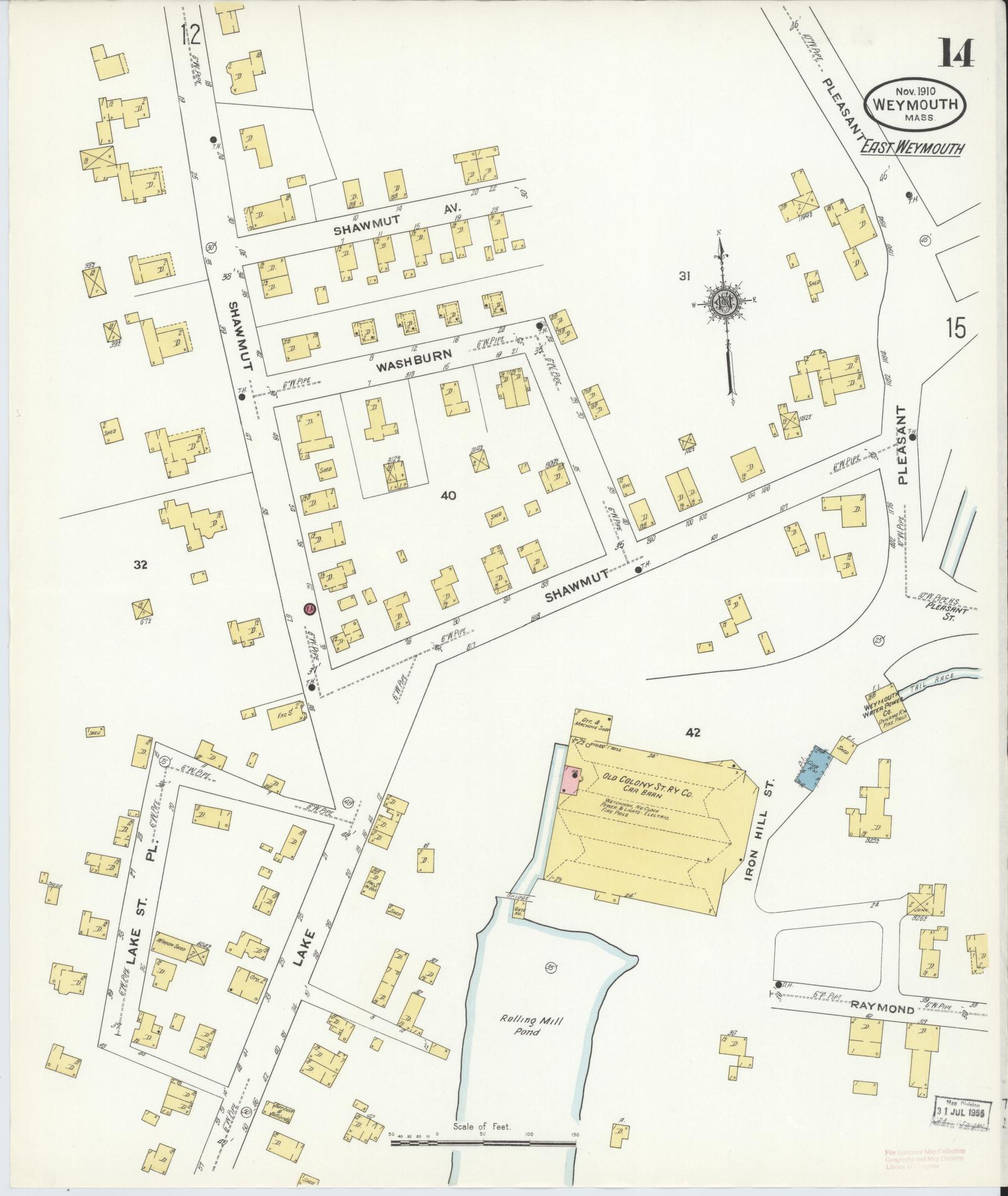 Sanborn Fire Insurance Map from Weymouth, Norfolk County, Massachusetts (1910), Sheet #0014 - Historic Sanborn Fire Insurance Map Print, vintage old map wall art, antique decor, genealogy gift, Massachusetts Massachusetts map