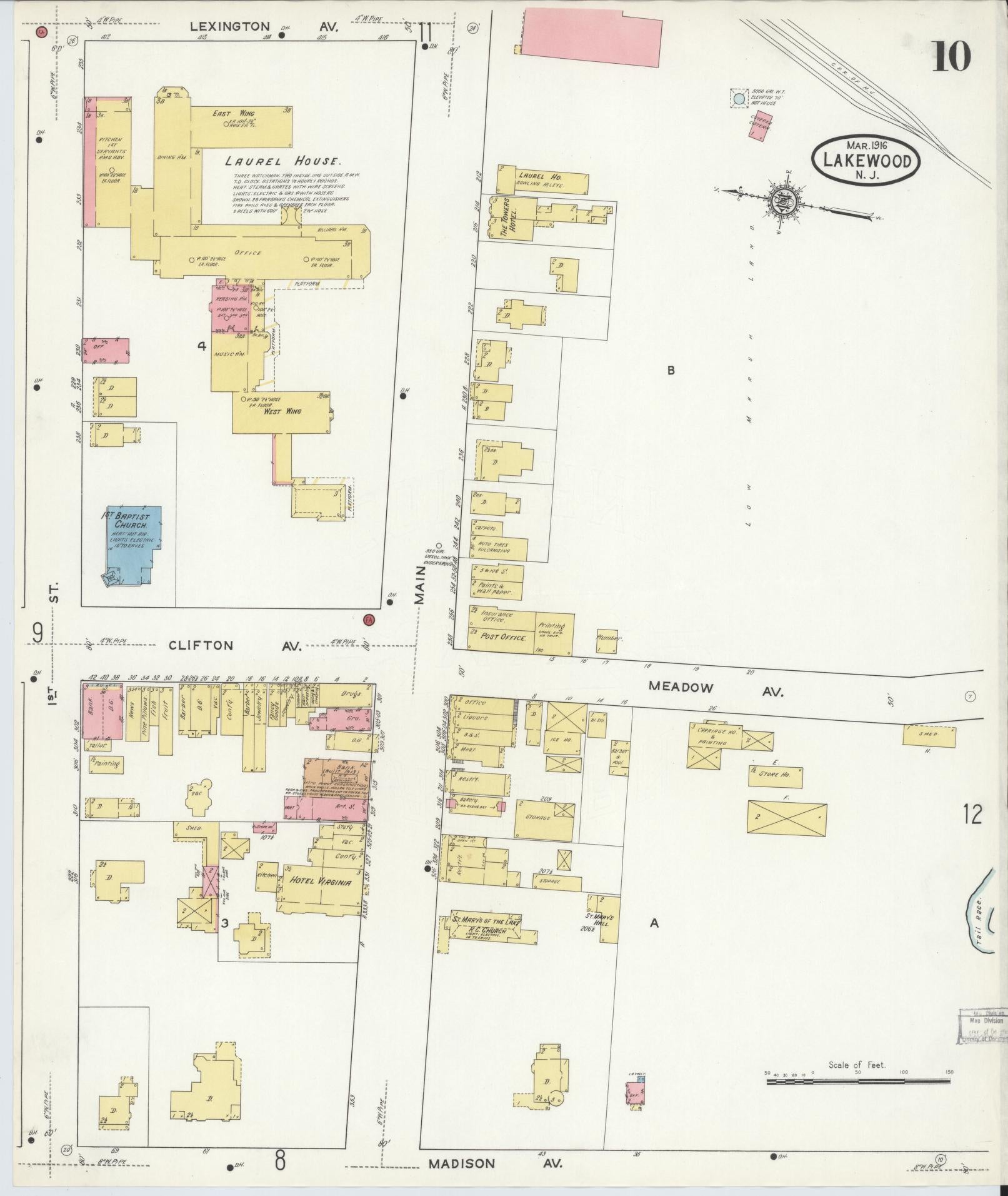 Sanborn Fire Insurance Map from Lakewood, Ocean County, New Jersey (1916), Sheet #0010 - Historic Sanborn Fire Insurance Map Print, vintage old map wall art, antique decor, genealogy gift, New Jersey New Jersey map
