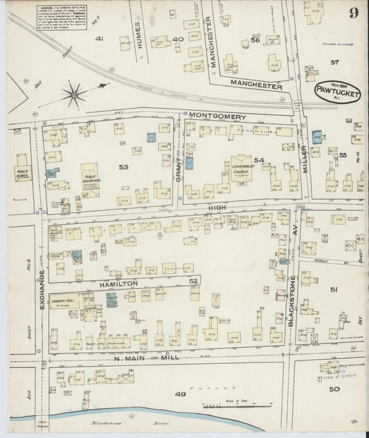 Sanborn Fire Insurance Map from Pawtucket, Providence County, Rhode Island (1884), Sheet #0009 - Historic Sanborn Fire Insurance Map Print, vintage old map wall art, antique decor, genealogy gift, Rhode Island Rhode Island map