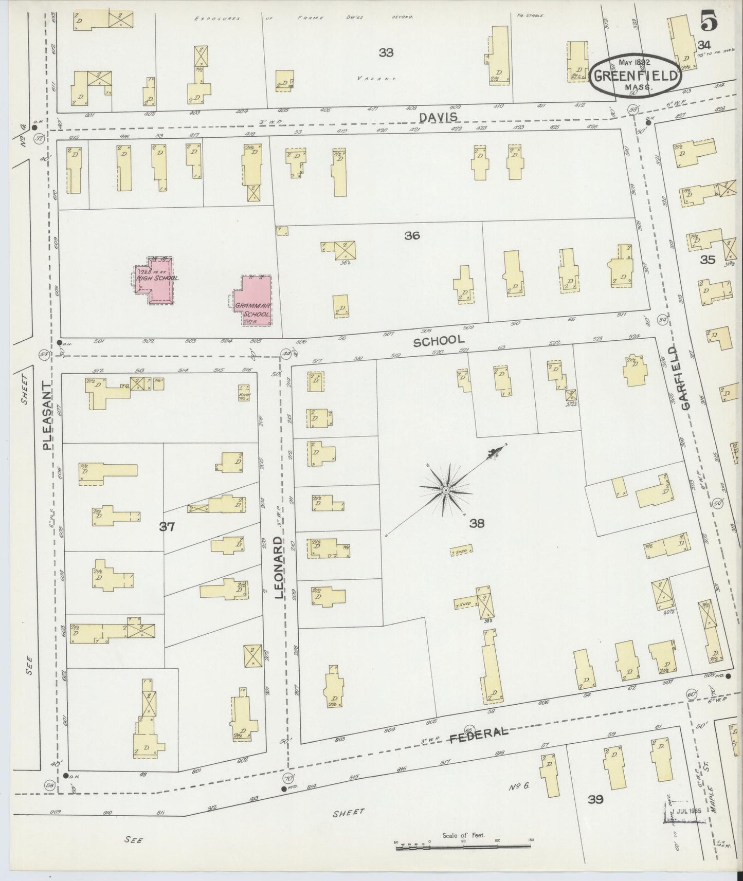Sanborn Fire Insurance Map from Greenfield, Franklin County, Massachusetts (1892), Sheet #0005 - Complete Map Set gallery image, historic Sanborn map, vintage wall art, Massachusetts Massachusetts