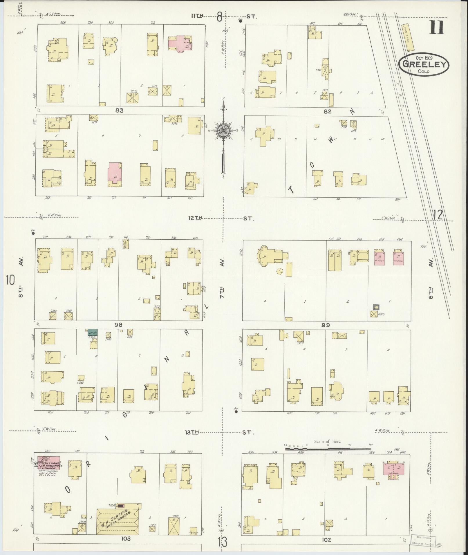 Sanborn Fire Insurance Map from Greeley, Weld County, Colorado (1909), Sheet #0011 - Historic Sanborn Fire Insurance Map Print, vintage old map wall art, antique decor, genealogy gift, Colorado Colorado map