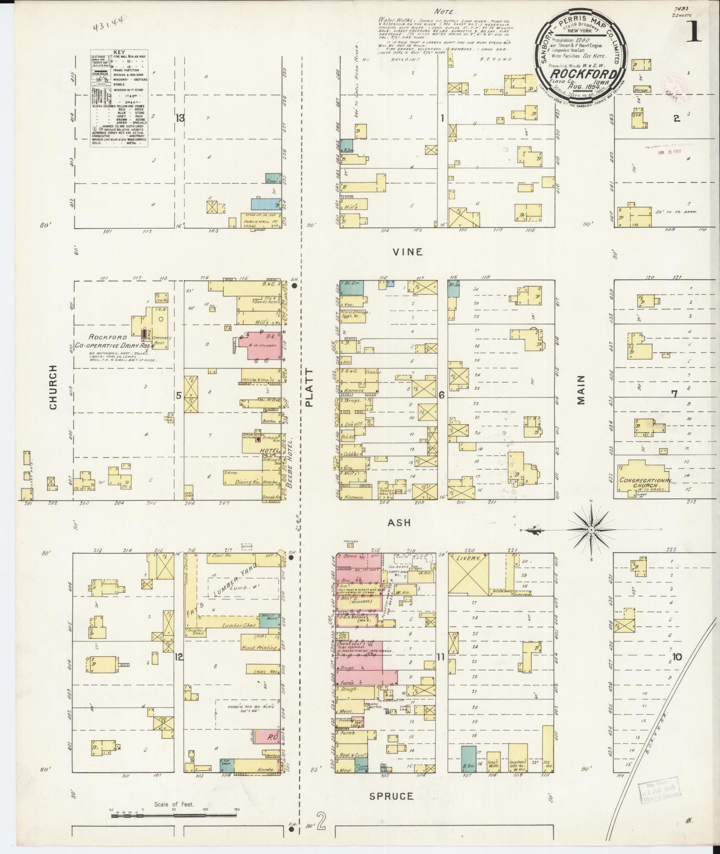 Sanborn Fire Insurance Map from Rockford, Floyd County, Iowa (1894), Sheet #0001 - Historic Sanborn Fire Insurance Map Print, vintage old map wall art