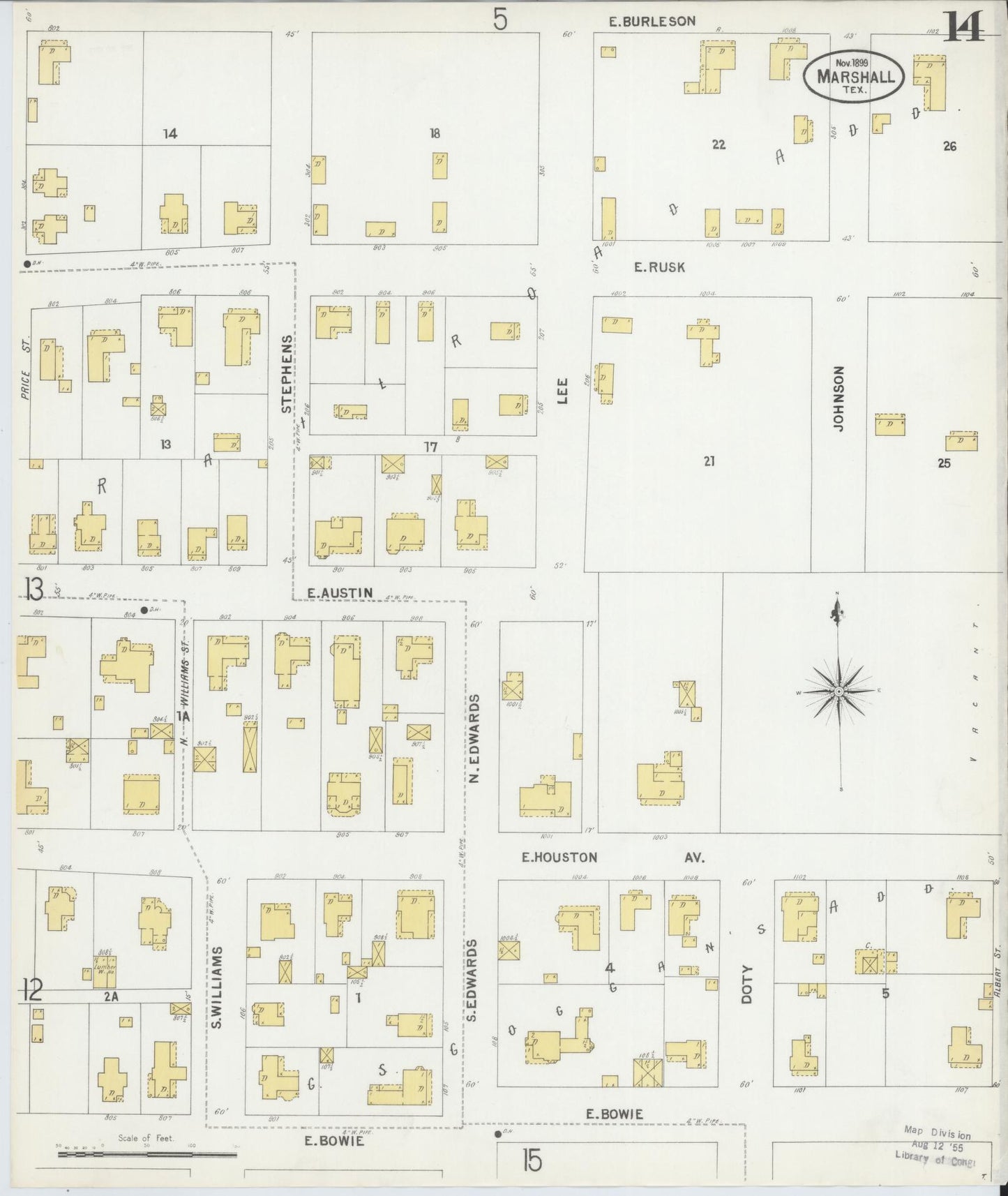 Sanborn Fire Insurance Map from Marshall, Harrison County, Texas (1899), Sheet #0014 - Complete Map Set gallery image, historic Sanborn map, vintage wall art, Texas Texas