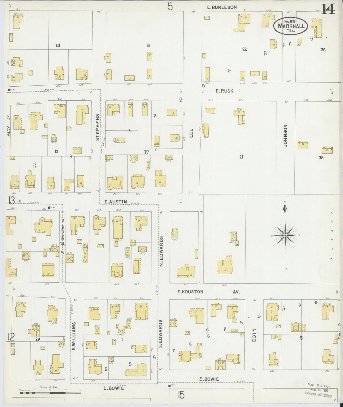 Sanborn Fire Insurance Map from Marshall, Harrison County, Texas (1899), Sheet #0014 - Complete Map Set gallery image, historic Sanborn map, vintage wall art, Texas Texas