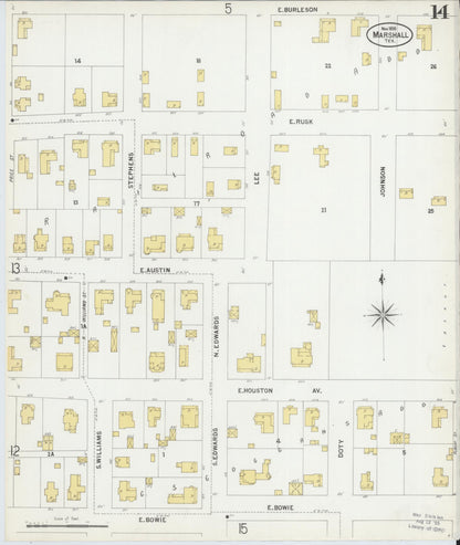 Sanborn Fire Insurance Map from Marshall, Harrison County, Texas (1899), Sheet #0014 - Complete Map Set gallery image, historic Sanborn map, vintage wall art, Texas Texas