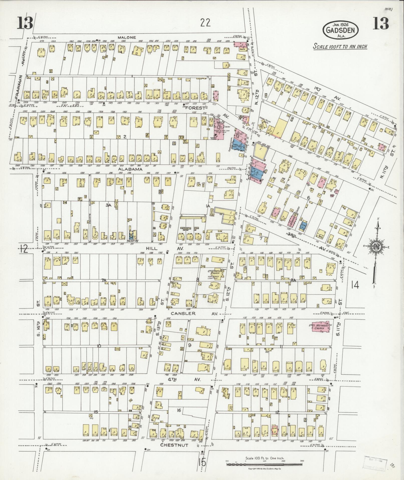 Sanborn Fire Insurance Map from Gadsden, Etowah County, Alabama (1926), Sheet #0013 - Complete Map Set gallery image, historic Sanborn map, vintage wall art, Alabama Alabama