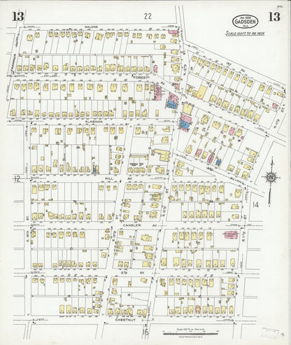 Sanborn Fire Insurance Map from Gadsden, Etowah County, Alabama (1926), Sheet #0013 - Complete Map Set gallery image, historic Sanborn map, vintage wall art, Alabama Alabama