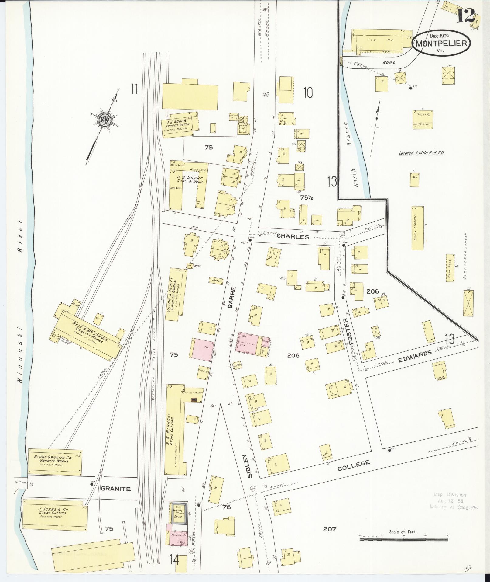 Sanborn Fire Insurance Map from Montpelier, Washington County, Vermont (1909), Sheet #0012 - Historic Sanborn Fire Insurance Map Print, vintage old map wall art, antique decor, genealogy gift, Vermont Vermont map
