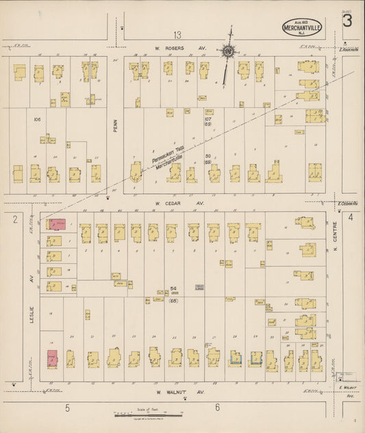 Sanborn Fire Insurance Map from Merchantville, Camden County, New Jersey (1921), Sheet #0003 - Historic Sanborn Fire Insurance Map Print, vintage old map wall art, antique decor, genealogy gift, New Jersey New Jersey map