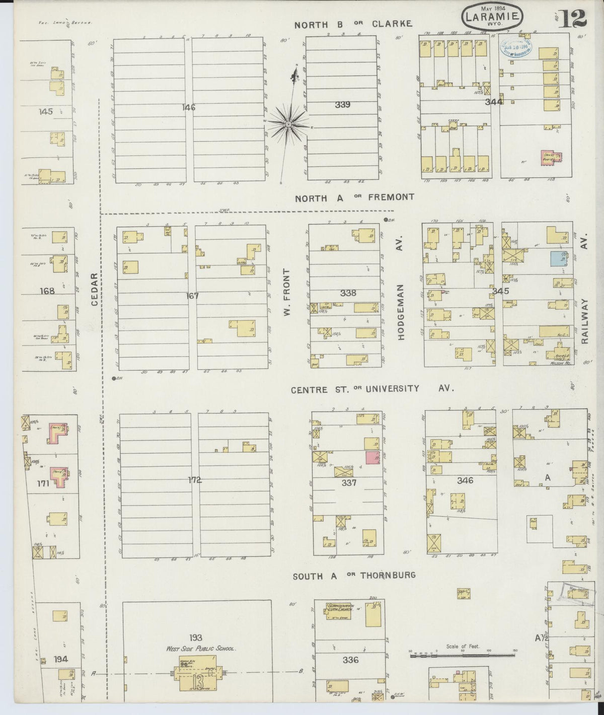 Sanborn Fire Insurance Map from Laramie, Albany County, Wyoming (1894), Sheet #0012 - Historic Sanborn Fire Insurance Map Print, vintage old map wall art, antique decor, genealogy gift, Wyoming Wyoming map