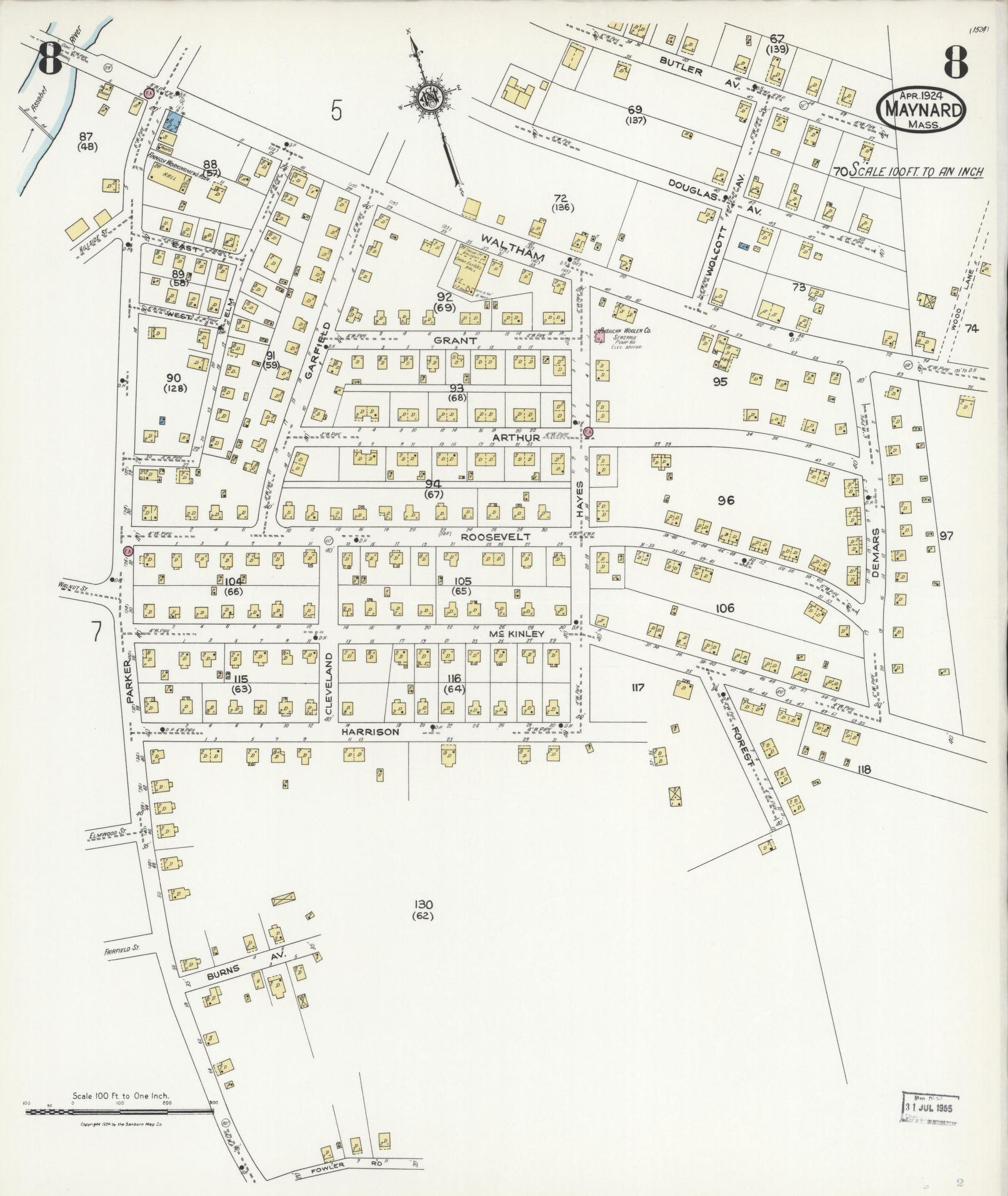 Sanborn Fire Insurance Map from Maynard, Middlesex County, Massachusetts (1924), Sheet #0008 - Historic Sanborn Fire Insurance Map Print, vintage old map wall art, antique decor, genealogy gift, Massachusetts Massachusetts map