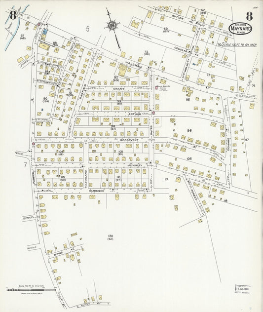 Sanborn Fire Insurance Map from Maynard, Middlesex County, Massachusetts (1924), Sheet #0008 - Historic Sanborn Fire Insurance Map Print, vintage old map wall art, antique decor, genealogy gift, Massachusetts Massachusetts map